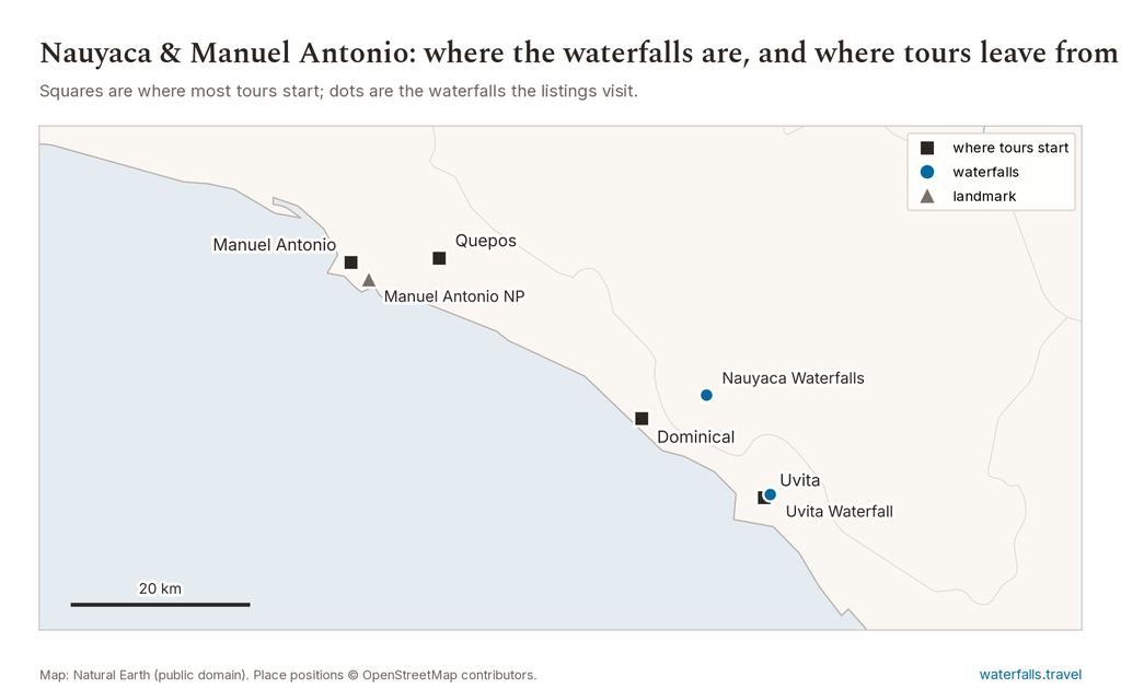 Map of the Manuel Antonio, Quepos, Dominical and Uvita coast showing tour start points and the waterfalls