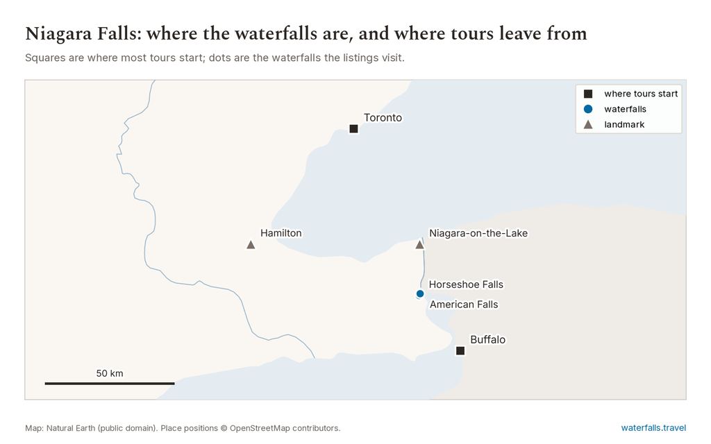 Map of Niagara Falls showing the main waterfalls and the towns where tours start