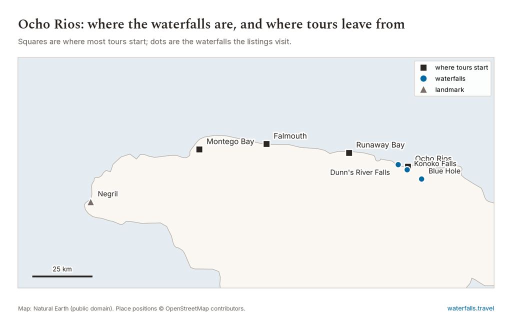 Map of Ocho Rios showing the main waterfalls and the towns where tours start