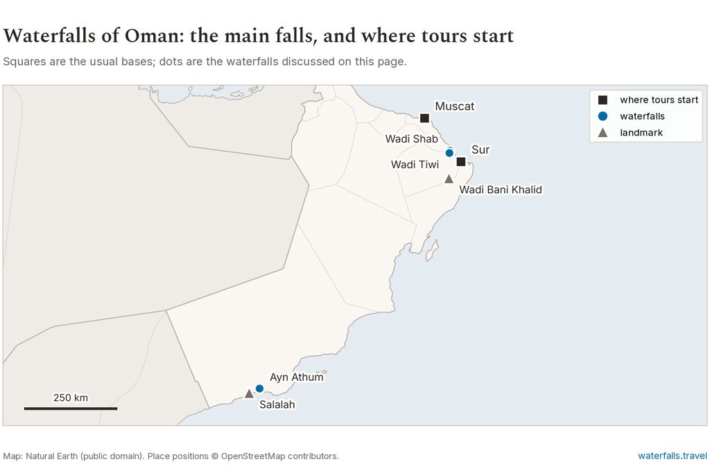 Map of Oman showing the main waterfalls and the towns where tours start