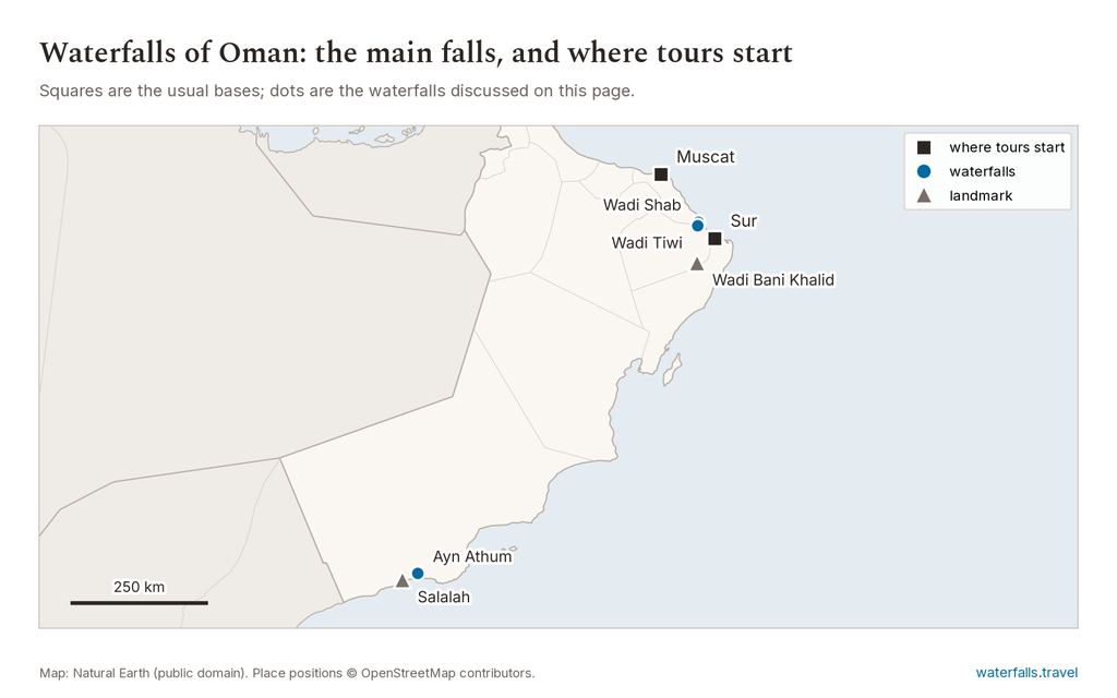 Map of Oman showing the main waterfalls and the towns where tours start