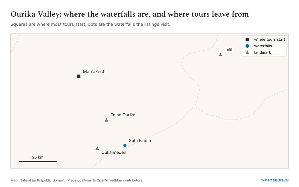 Map of Ourika Valley & Setti Fatma Waterfalls Day Trips showing the main waterfalls and the towns where tours start