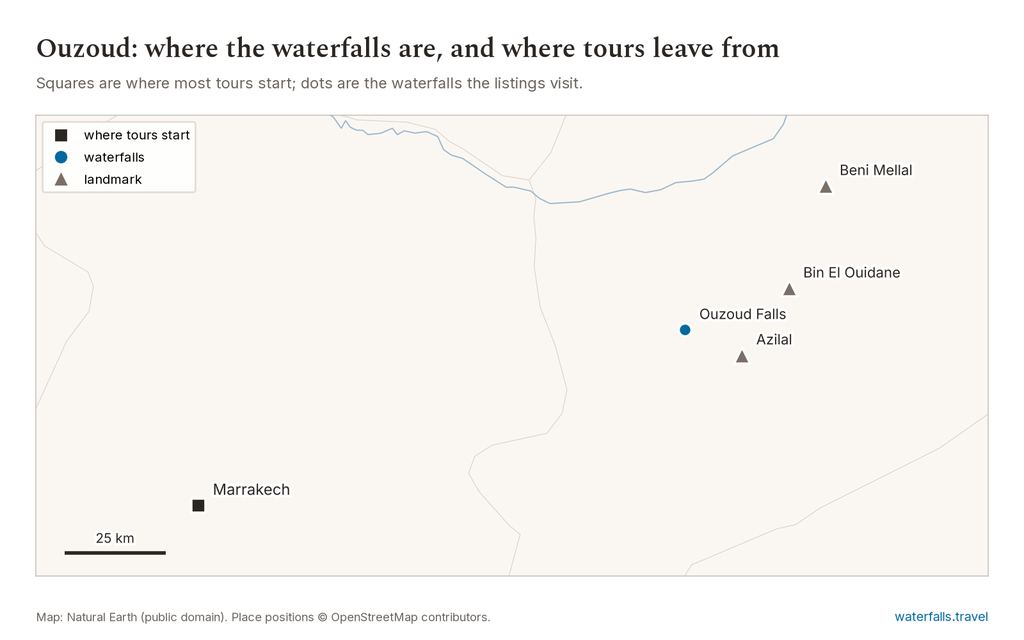 Map of Ouzoud Waterfalls Day Trips from Marrakech showing the main waterfalls and the towns where tours start