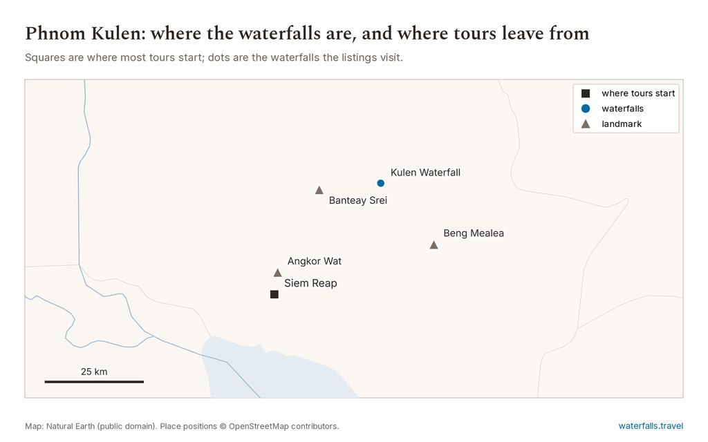 Map of Phnom Kulen showing the main waterfalls and the towns where tours start