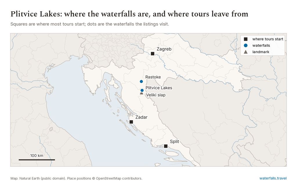 Map of Plitvice Lakes showing the main waterfalls and the towns where tours start
