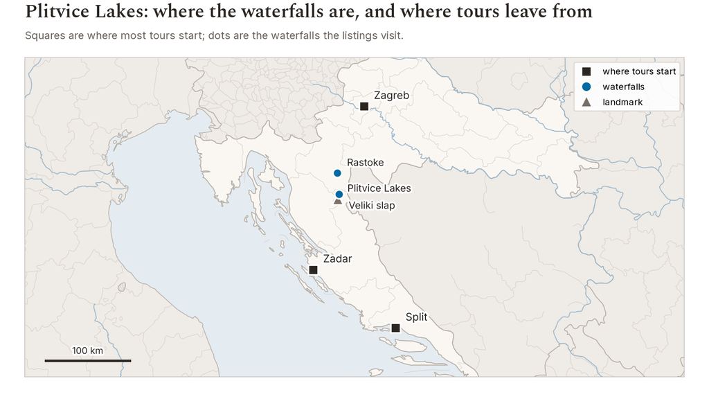 Map of Croatia showing Plitvice Lakes and the starting cities Zagreb, Zadar and Split