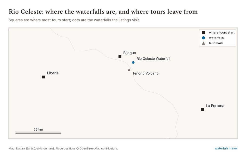Map of Rio Celeste Waterfall Hikes showing the main waterfalls and the towns where tours start