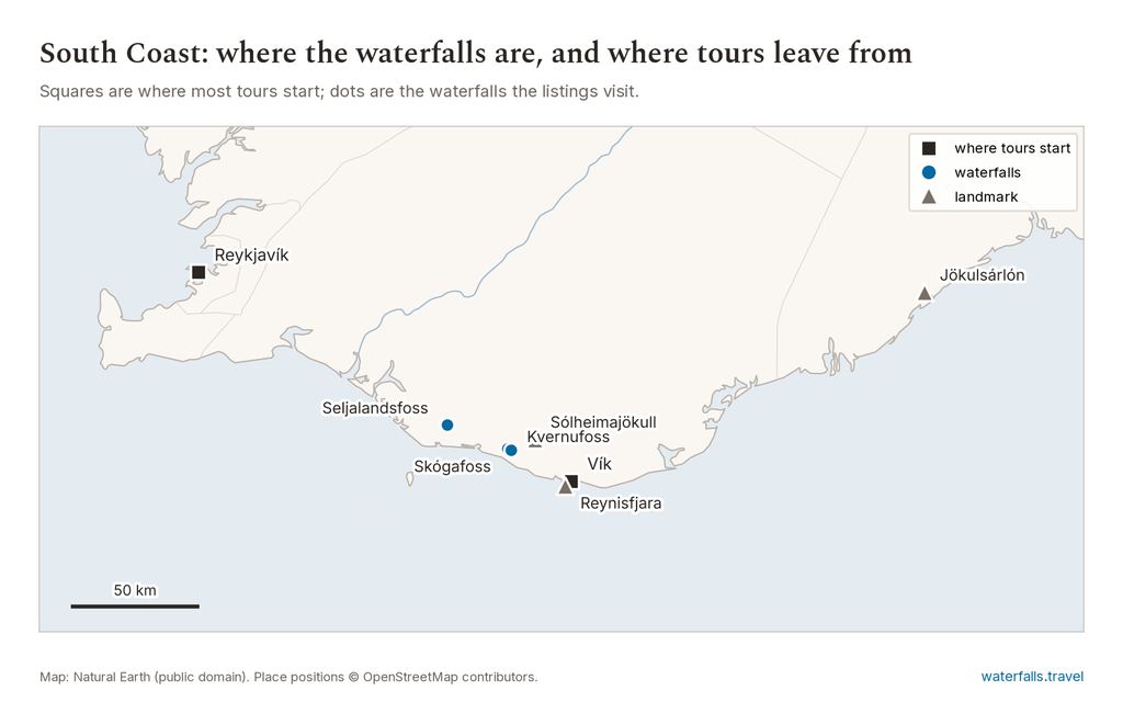 Map of the South Coast from Reykjavík to Jökulsárlón with the waterfalls, Reynisfjara and Sólheimajökull marked