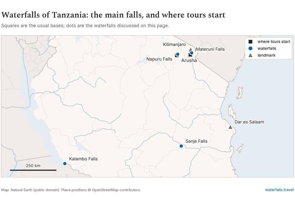 Map of Tanzania showing the main waterfalls and the towns where tours start