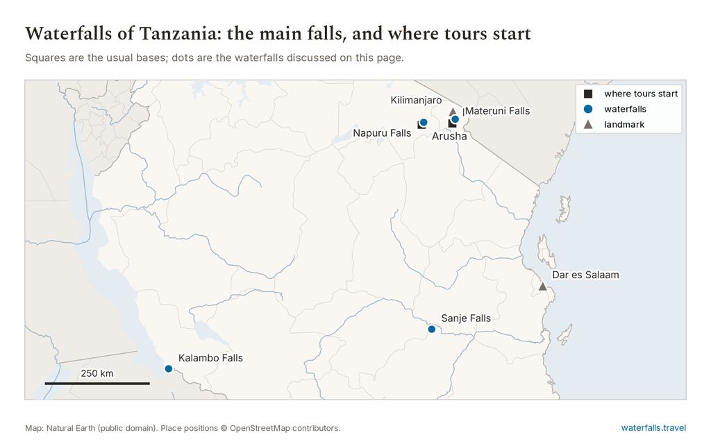 Map of Tanzania showing the main waterfalls and the towns where tours start