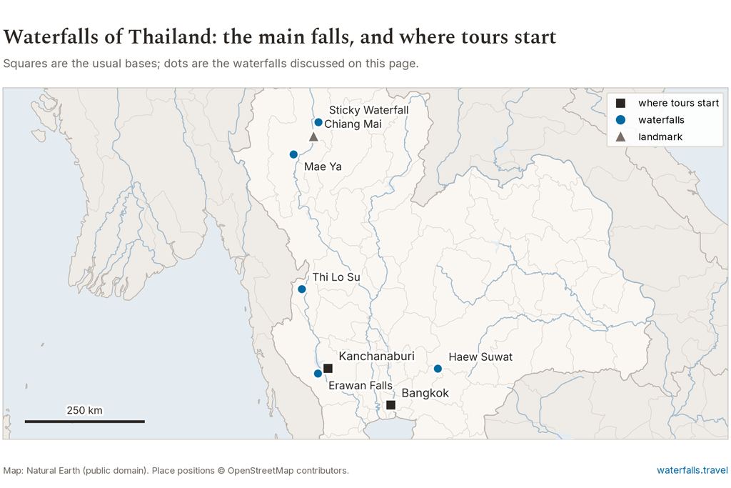 Map of Thailand showing the main waterfalls and the towns where tours start