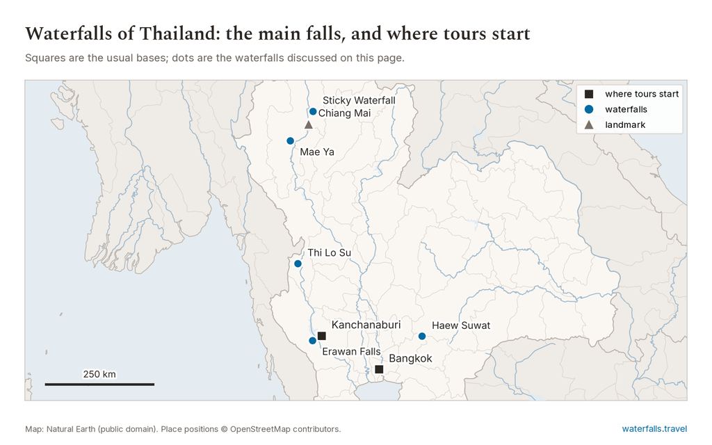 Map of Thailand showing the main waterfalls and the towns where tours start
