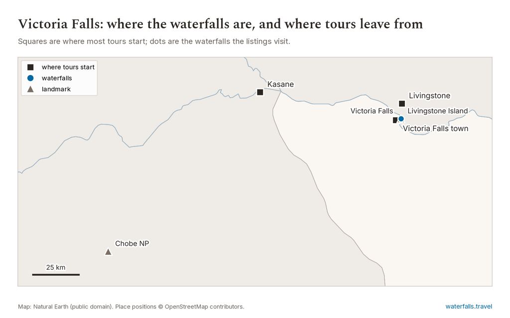 Map of Victoria Falls showing the main waterfalls and the towns where tours start
