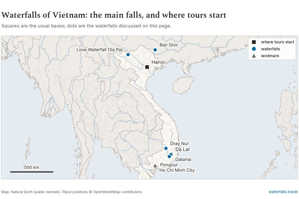 Map of Vietnam showing the main waterfalls and the towns where tours start
