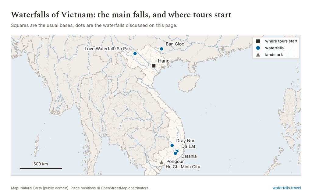 Map of Vietnam showing the main waterfalls and the towns where tours start