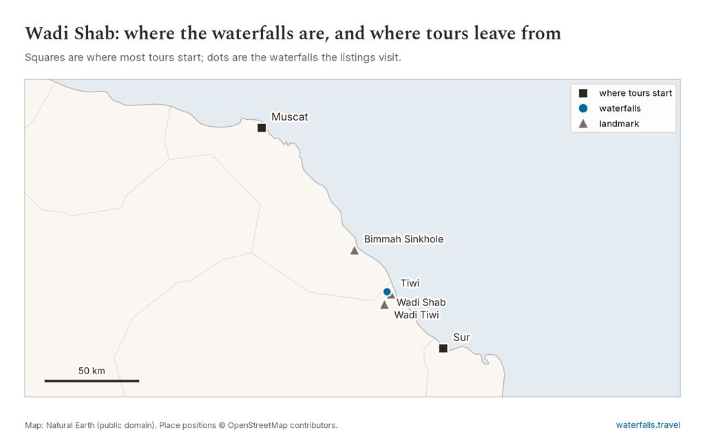 Map of Wadi Shab Waterfall Tours showing the main waterfalls and the towns where tours start