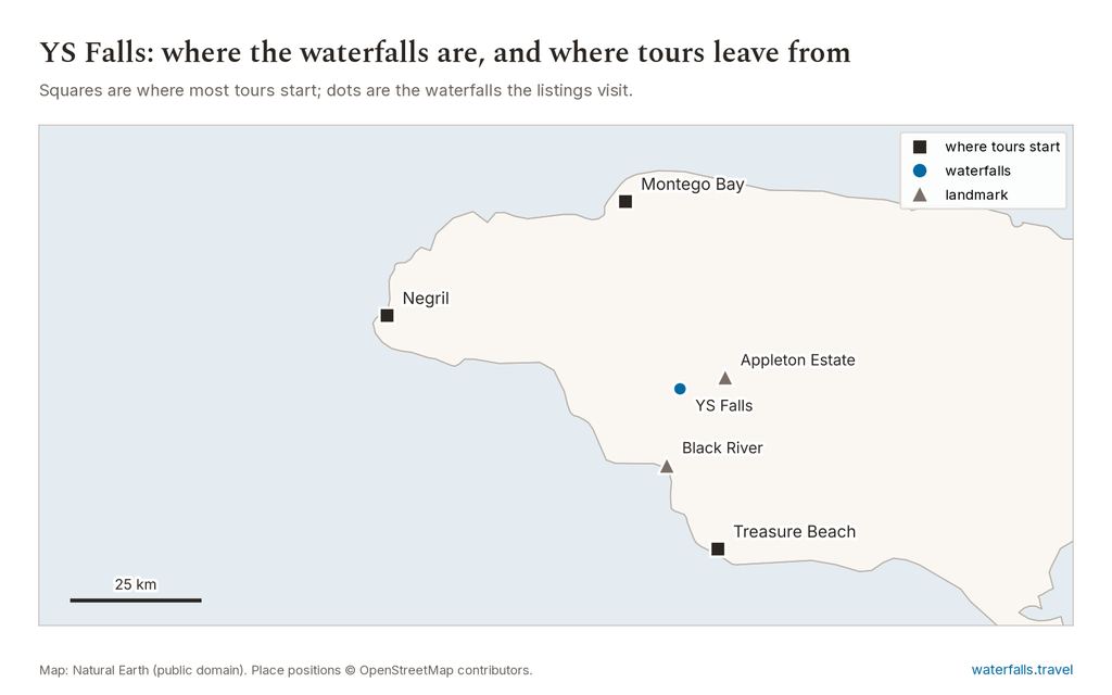 Map of YS Falls Tours showing the main waterfalls and the towns where tours start