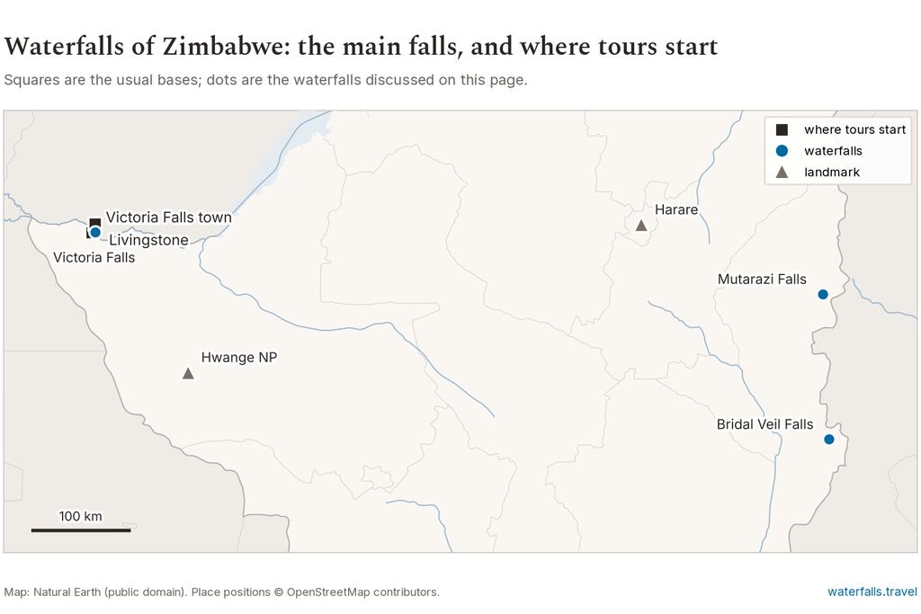 Map of Zimbabwe showing the main waterfalls and the towns where tours start