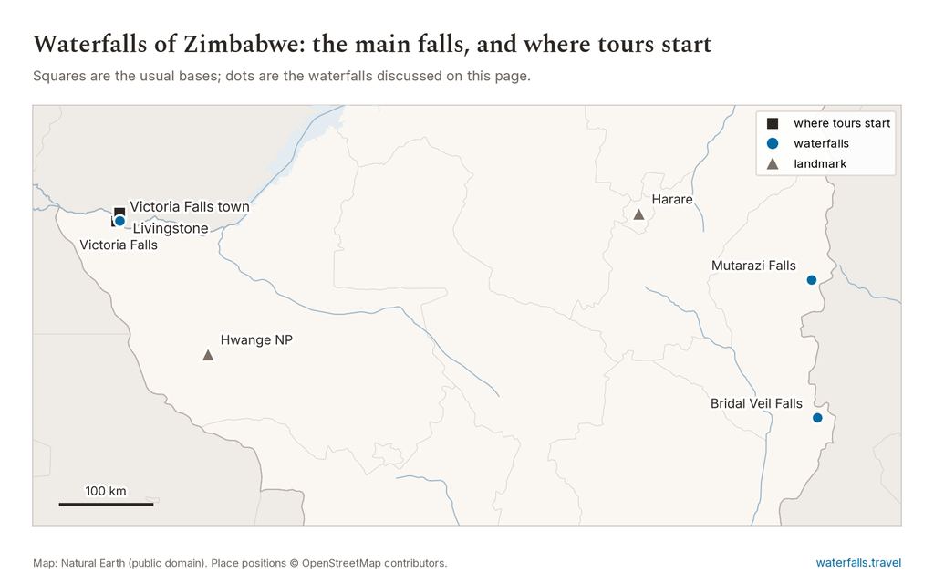 Map of Zimbabwe showing the main waterfalls and the towns where tours start