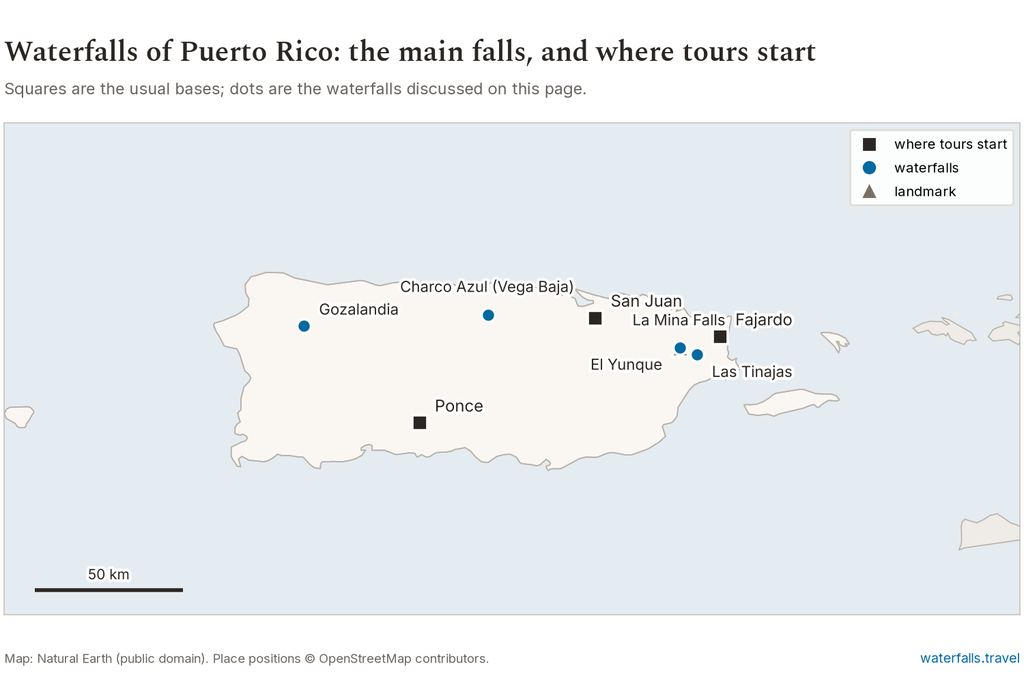 Map of Puerto Rico showing the main waterfalls and the towns where tours start