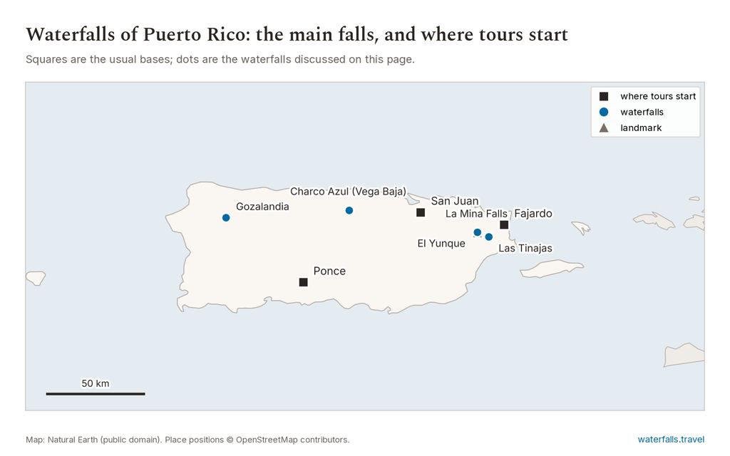 Map of Puerto Rico showing the main waterfalls and the towns where tours start