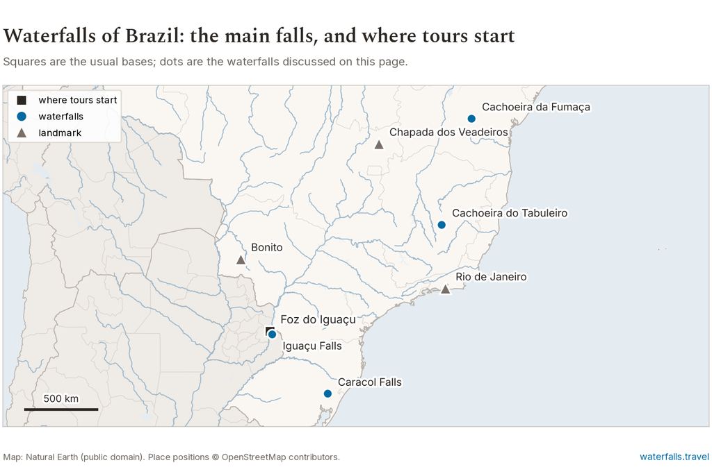 Map of Brazil showing the main waterfalls and the towns where tours start