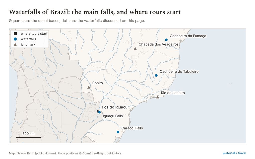 Map of Brazil showing the main waterfalls and the towns where tours start