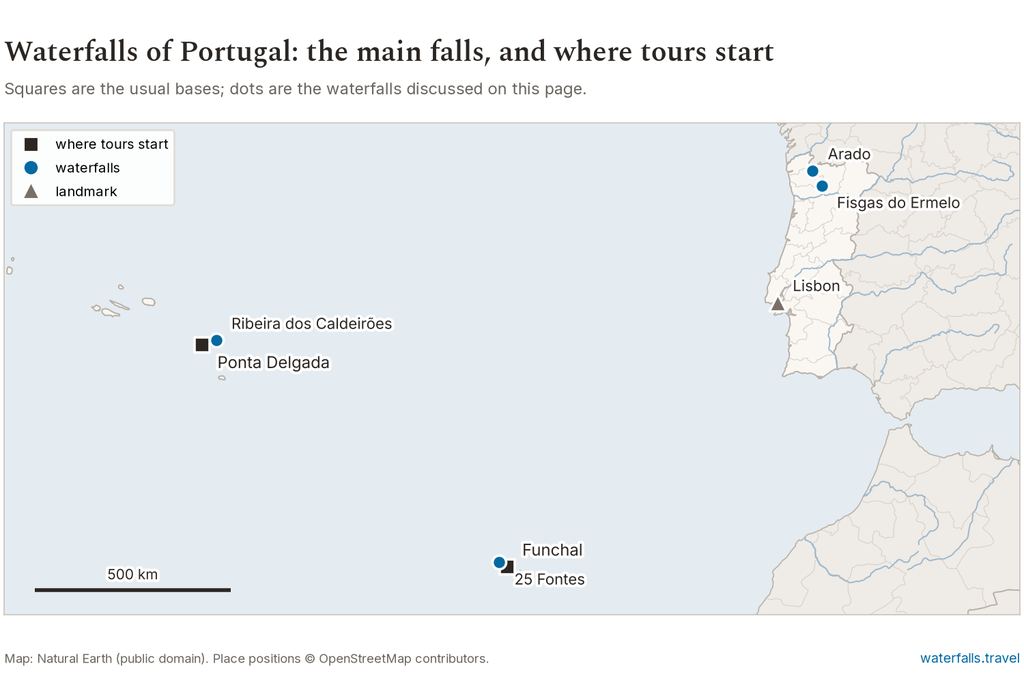 Map of Portugal showing the main waterfalls and the towns where tours start