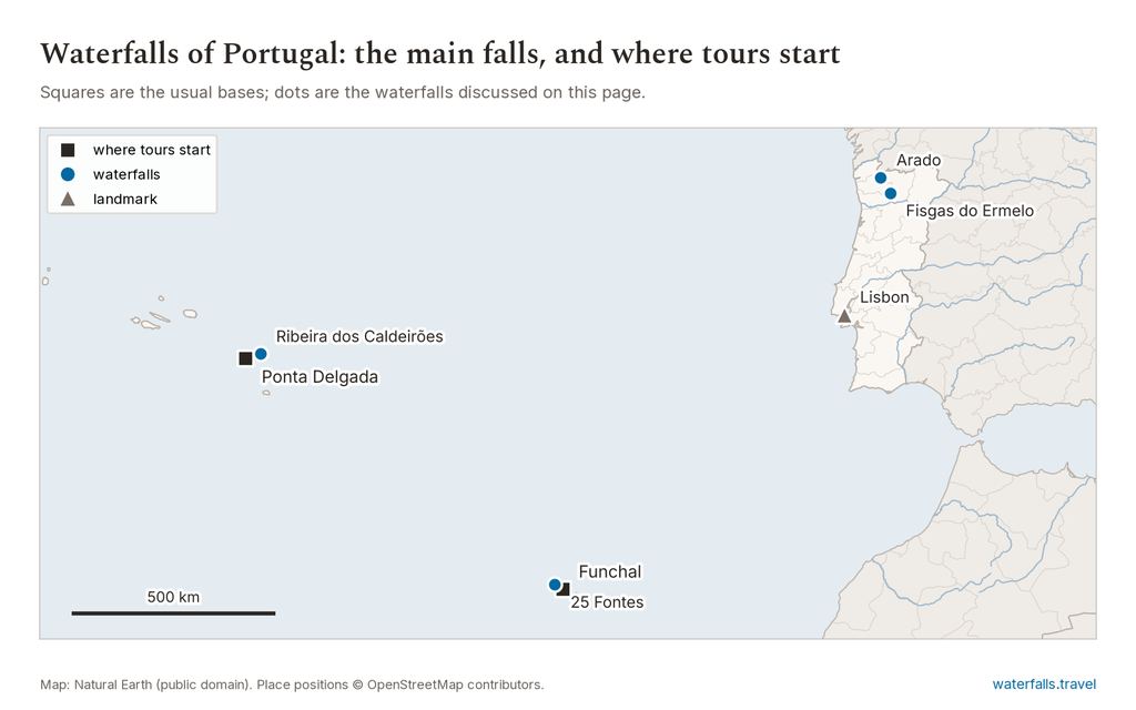 Map of Portugal showing the main waterfalls and the towns where tours start