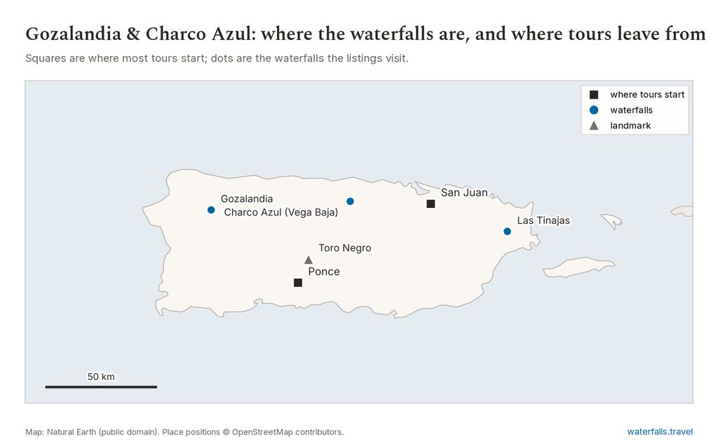 Map of Puerto Rico Waterfall Adventures: Gozalandia, Charco Azul & More showing the main waterfalls and the towns where tours start