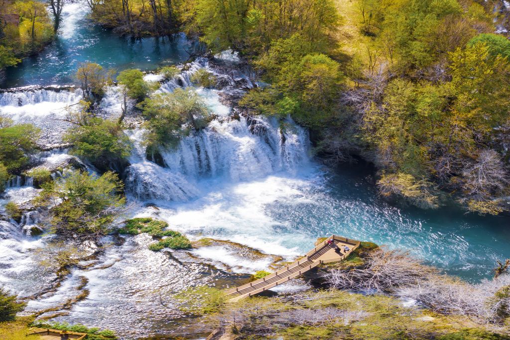 Aerial view of the Martin Brod waterfalls and a footbridge, Una National Park