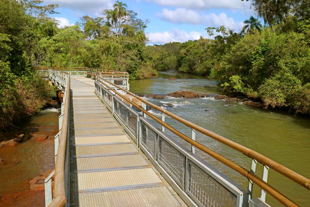 A grated metal boardwalk with handrails running beside a river in a tropical forest