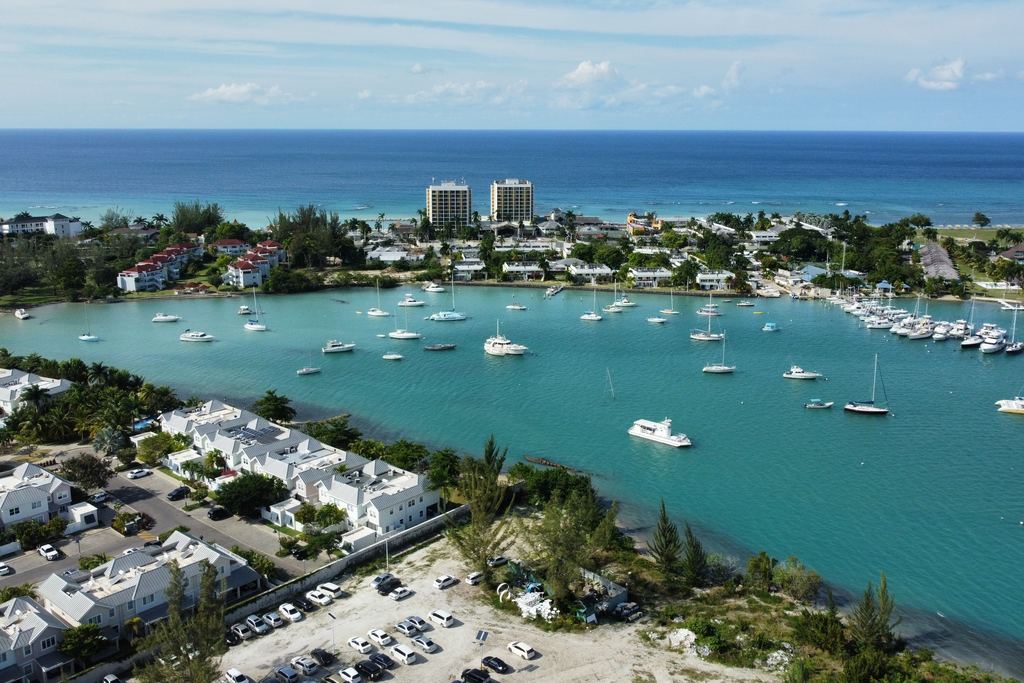Apartment blocks and a marina on the Montego Bay coast, Jamaica