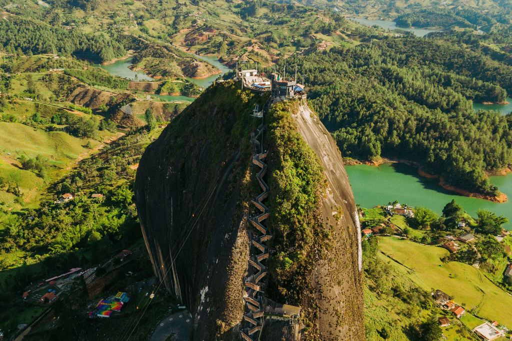 Aerial view of the Piedra del Peñol rock and the green reservoir near Guatapé, Colombia
