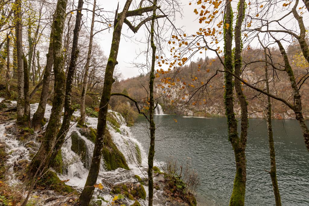 Autumn trees around a waterfall flowing into a lake in Plitvice Lakes National Park, Croatia