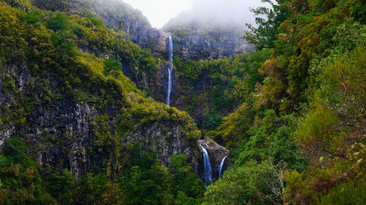 Risco waterfall and a second cascade in a misty green valley in Madeira