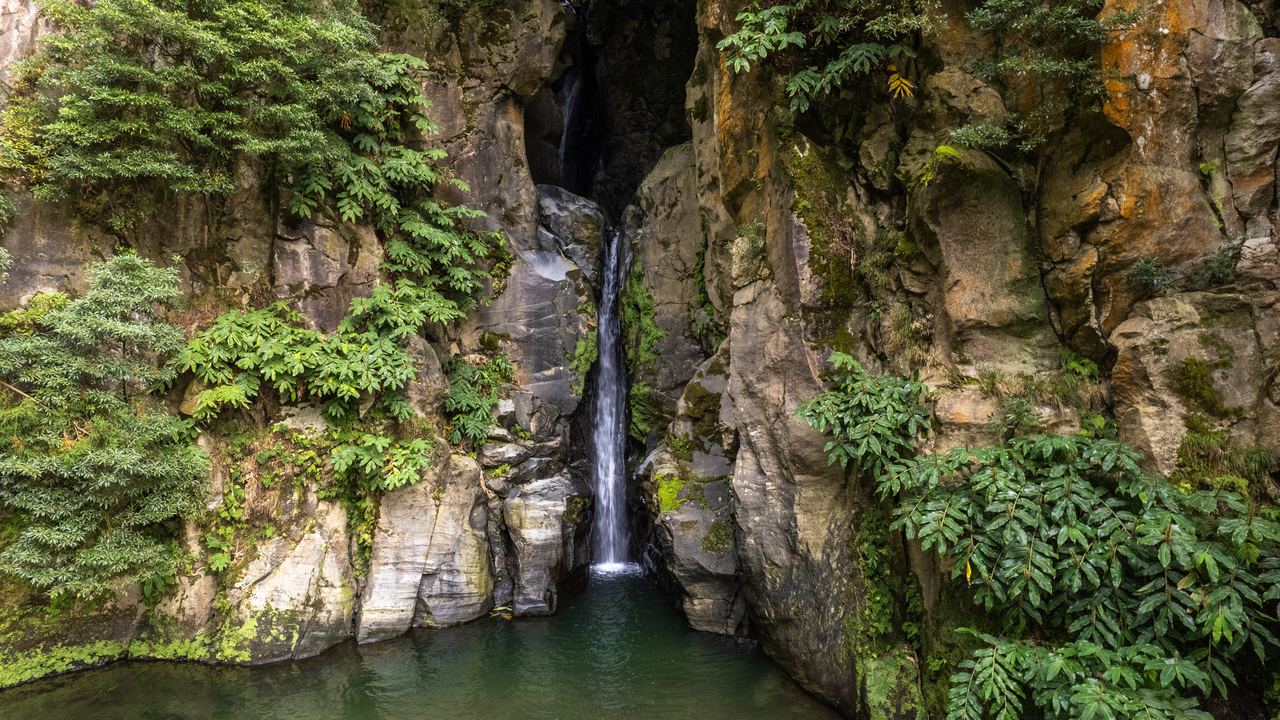 Salto do Cabrito waterfall falling into a green pool in a rock grotto on São Miguel