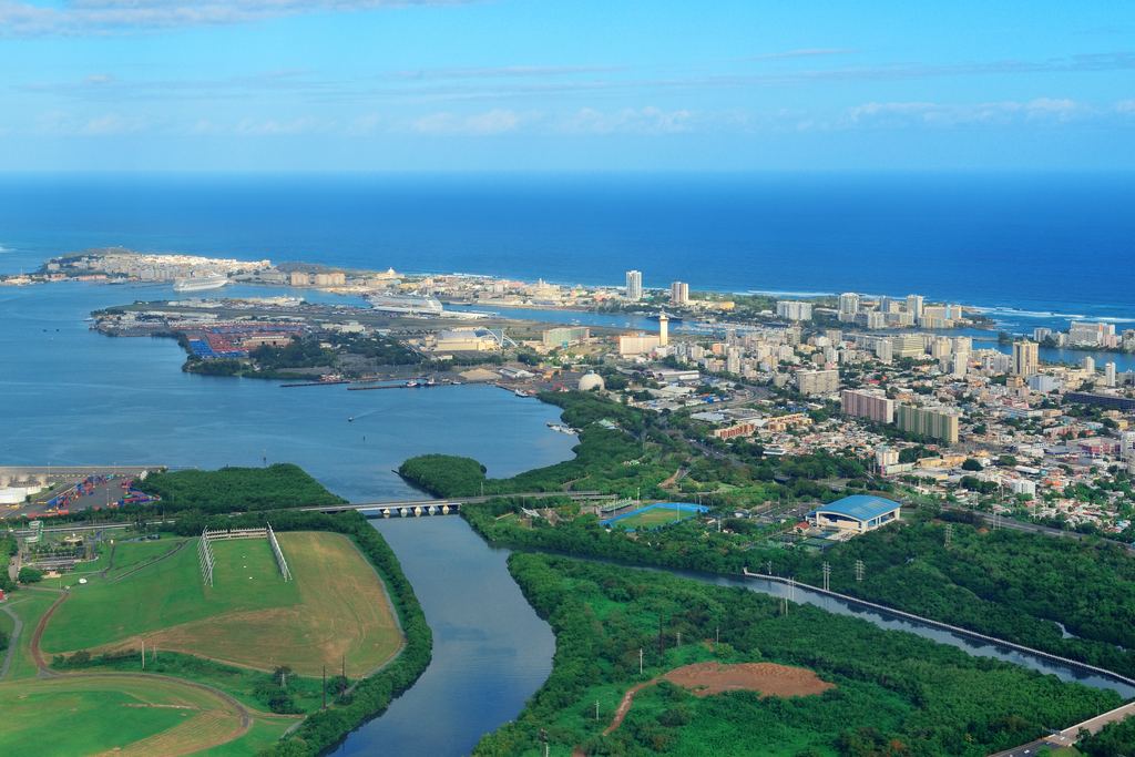 Aerial view of San Juan, Puerto Rico, with El Morro, the old city and the ocean