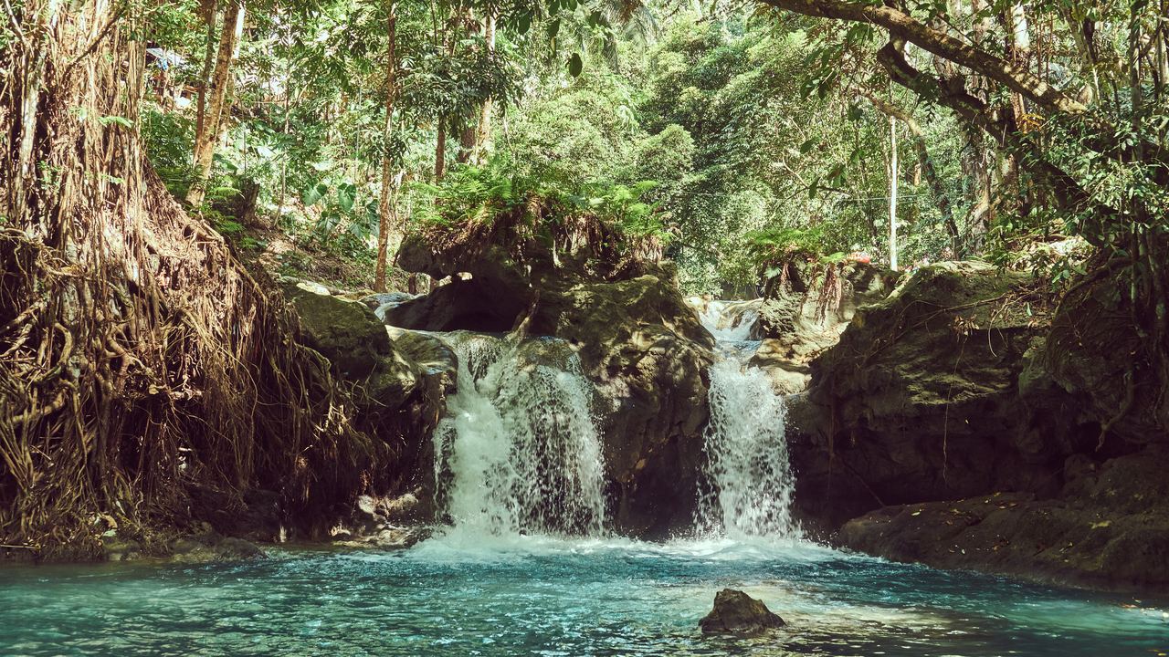 Two small waterfalls dropping over mossy rocks into a turquoise pool in tropical forest