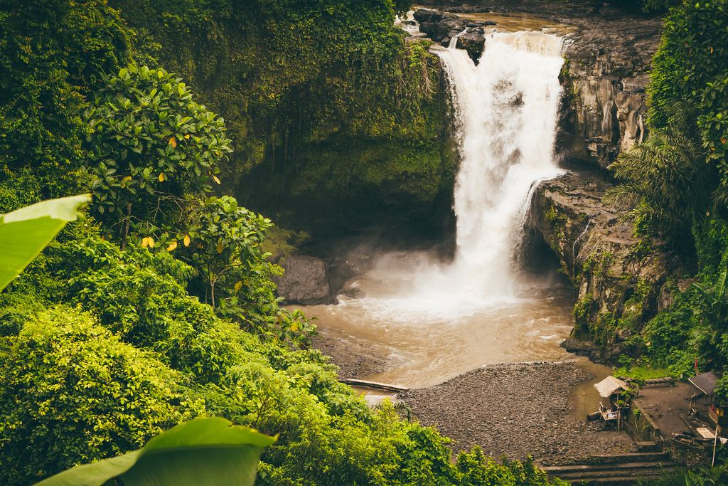 Tegenungan Waterfall near Ubud running brown with rain, forest and a small pavilion around it