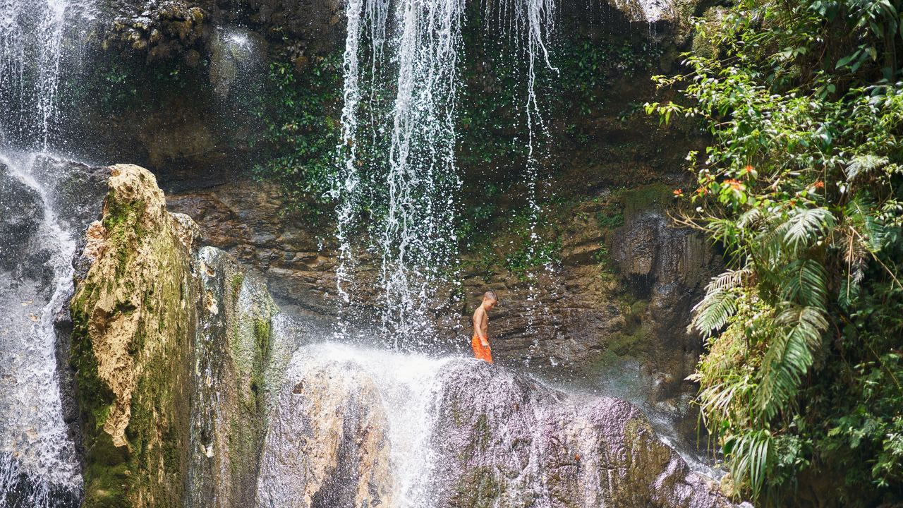 Person in orange standing on rock below the Gozalandia waterfall in Puerto Rico, with ferns on the right