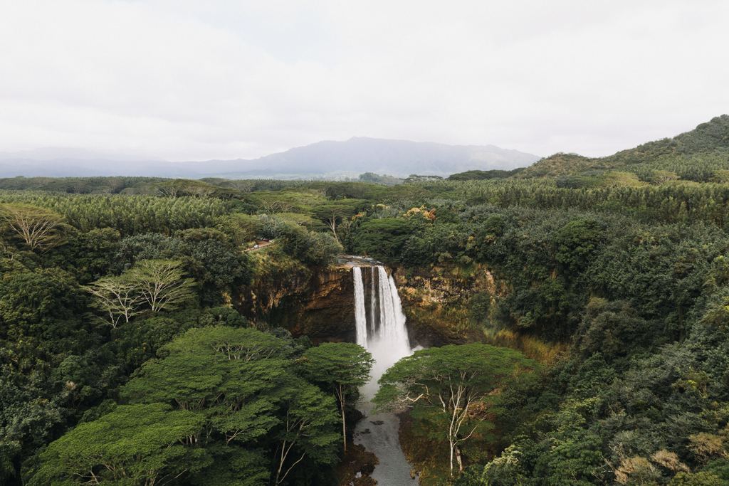 A single waterfall dropping into a forested valley, seen from above