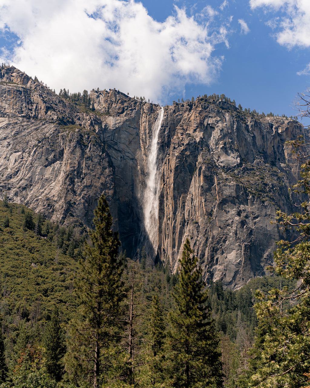 A waterfall dropping from the rim of a granite wall in Yosemite Valley, California
