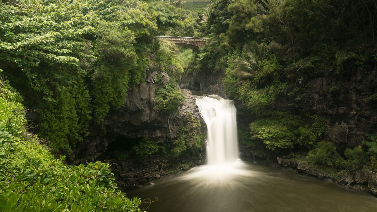 A waterfall falling into a pool under a road bridge in the Kipahulu district on Maui, framed by dense green forest